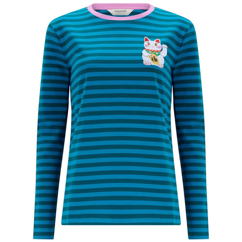 Sugarhill Brighton Brunswick Lucky Cat Stripe Jersey Top in Blue/Green