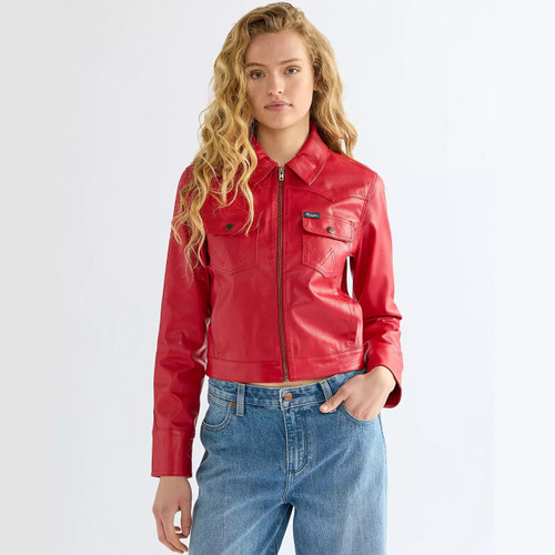 Model Wearing Wrangler Women's Slim Seamed Faux Leather Jacket in Chili Pepper  - Front Facing