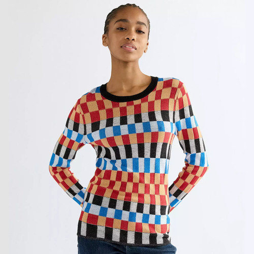 Model Wearing Wrangler Women's Starting Line Check Slim Fit Jumper -Front facing