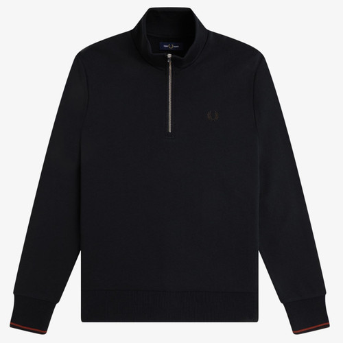 Fred Perry Half Zip Funnel Neck Sweatshirt in Navy / Brandy / Rich Brown - Front flat