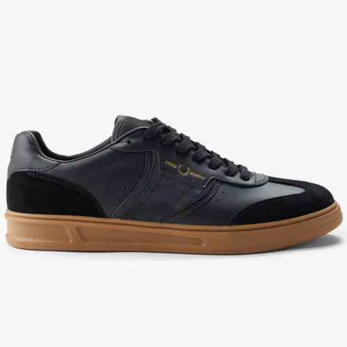 Fred Perry B4 Leather & Suede Tennis Shoes in Black - Single trainer side on straight