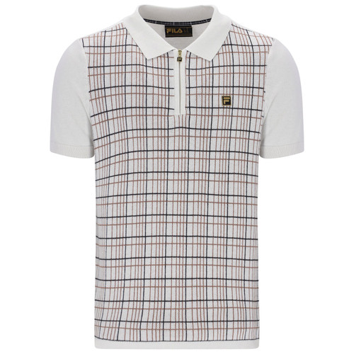 Fila Gold Enzo Knitted Check Zip Neck Polo in White Down