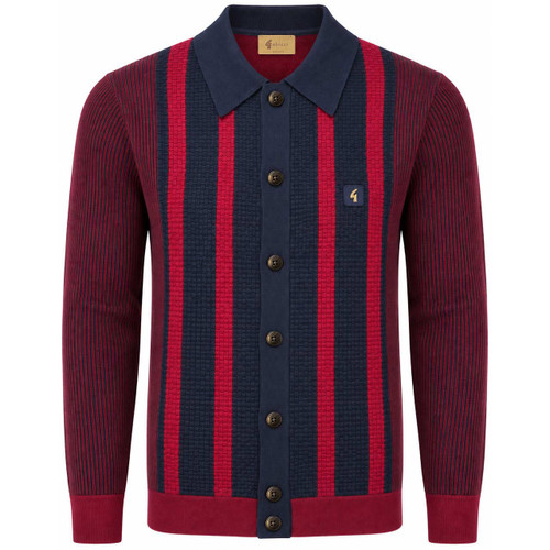 Gabicci Vintage Pascal Textured Stripe Knitted Polo Cardigan Claret - Front View