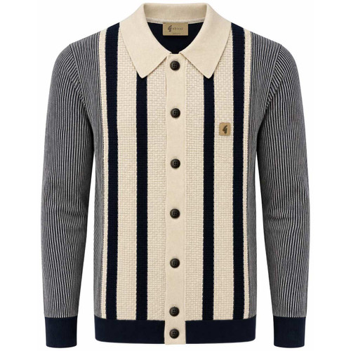 Gabicci Vintage Pascal Textured Stripe Knitted Polo Cardigan in Navy- Front View