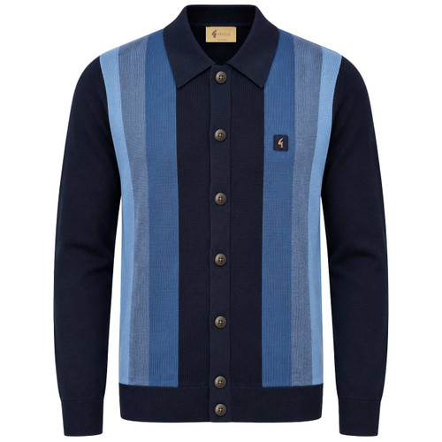 Front of the Gabicci Vintage Pedro Mod Stripe Panel Knit Polo Cardigan in Navy