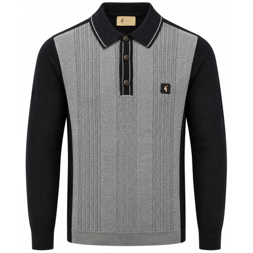 Gabicci Vintage Campbell Textured Stripe Knit Polo Shirt in Charcoal - Front View