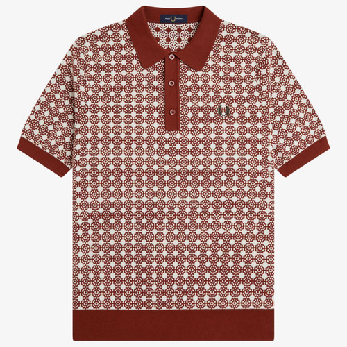 Fred Perry Floral Jacquard Retro 70s Knitted Polo Shirt in Brandy