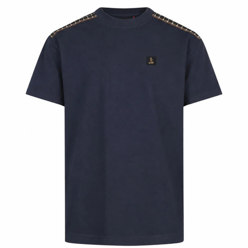 Luke 1977 Firth Men's Check Shoulder Crew T-Shirt in Dark Navy - Front