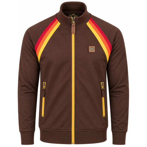 Trojan Raglan Stripe Sleeve Retro Track Jacket in Chocolate - Front View