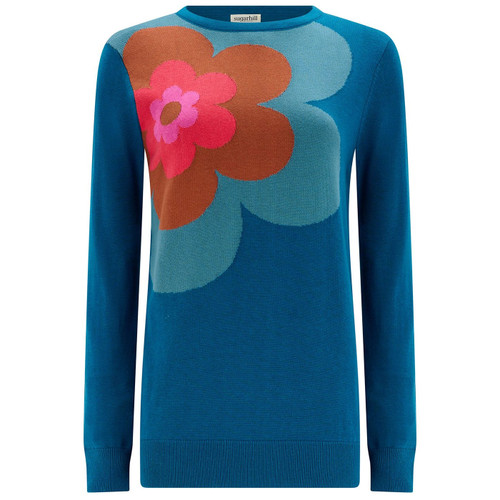 Sugarhill Brighton Rita Retro Growing Flower Jumper in Teal
