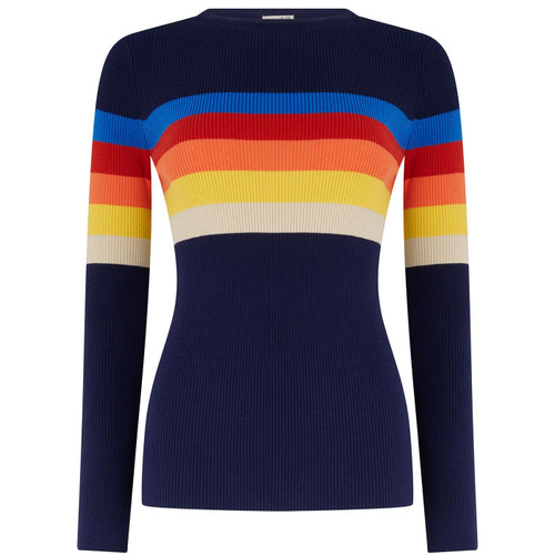 Sugarhill Brighton Cayla Rainbow Stripes Ribbed Jumper in Navy