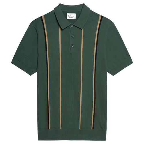 Ben Sherman Mod Stripe Knitted Polo Shirt Bottle Green - Front View