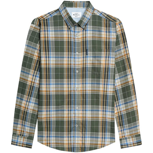 Ben Sherman Men's Mod Twill Check Button Down Shirt Bottle Green - Front View