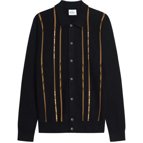Ben Sherman Geo Stripe Knitted Polo Cardigan in Black - Front View