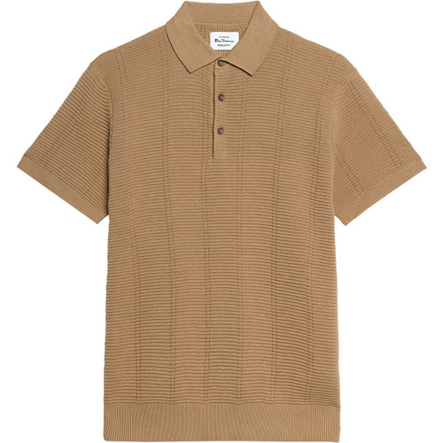 Ben Sherman Textured Ribbed Knit Polo Shirt in Biscuit - Front View