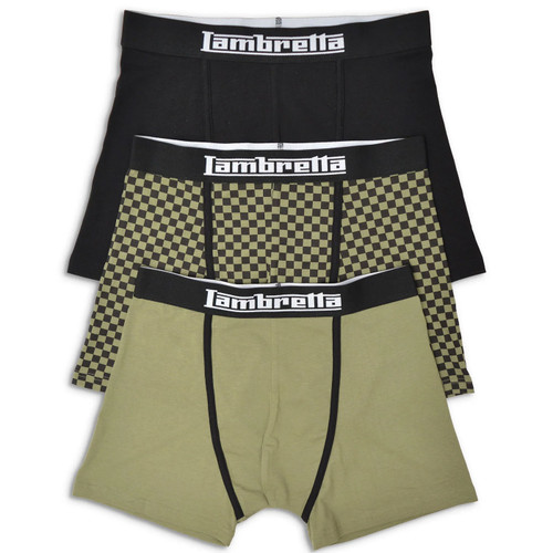 Lambretta Men's 3 Pack Boxer Shorts in Black, Khaki Green and Mod Checkerboard