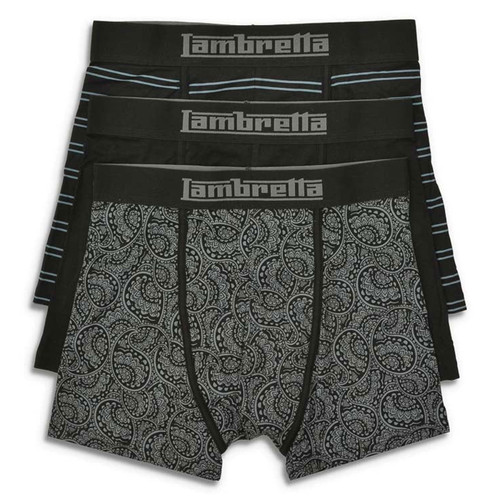 Lambretta Men's 3 Pack Boxer Shorts in Black, Black Stripe and Black Paisely
