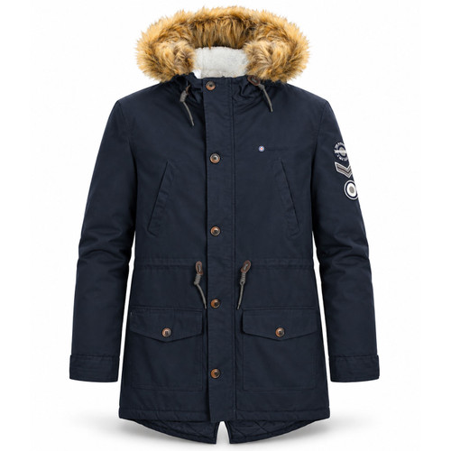 Lambretta Mod 60s Sherpa Lined Hooded Fishtail Parka Coat in Dark Navy