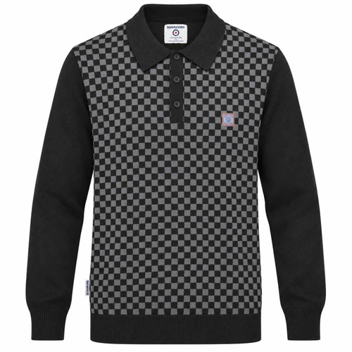 Lambretta 2Tone Chequerboard Long Sleeve Knitted Polo in Black/Grey