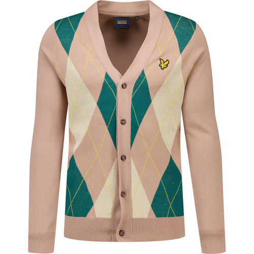 Lyle & Scott Mens Archive Revisited Argyle V-neck Cardigan in Camel Taupe