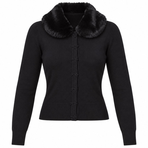 Banned Retro Bow Dreaming Faux Fur Collar Rockabilly Cardigan in Black