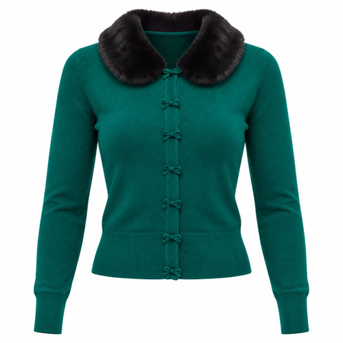 Banned Retro Bow Dreaming Faux Fur Collar Rockabilly Cardigan in Green