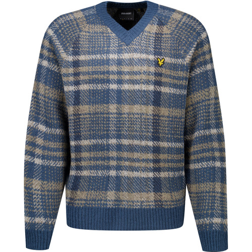 Lyle & Scott Mens Offset Check V Neck Jumper in Aegean Blue