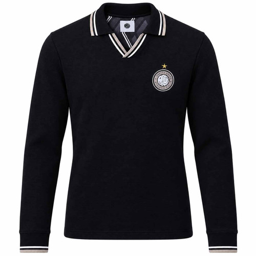 Pretty Green Kingsleigh Waffle Knit Skipper Neck Football Polo Shirt in Black