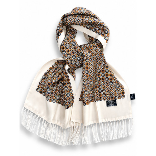 Tootal Geo Circles 60s Mod Border Fringed Silk Scarf in Cream - Main View