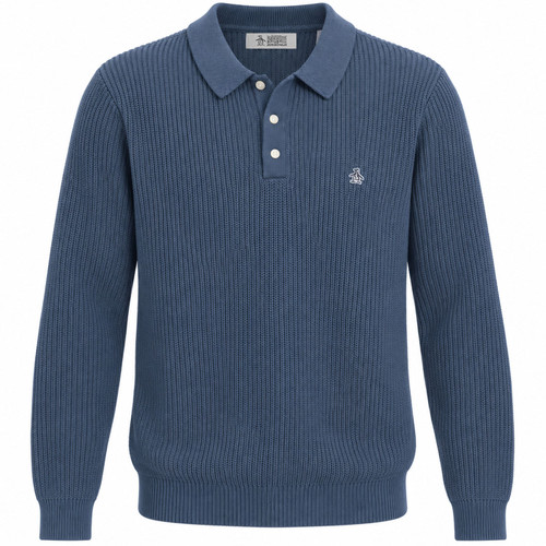 Original Penguin Men's Retro Long Sleeve Knitted Polo in Sargasso Sea