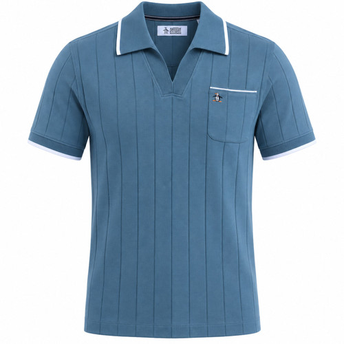Original Penguin Icons Open Collar Ribbed Polo Shirt in Copen Blue - Front
