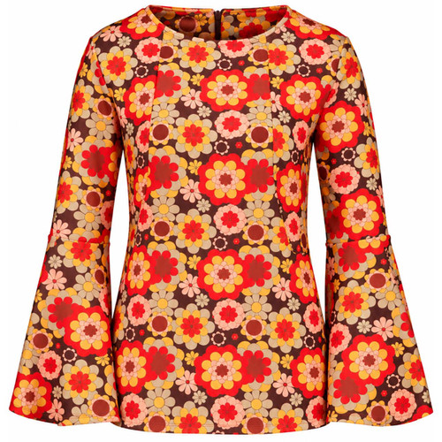 Madcap England Cass Retro 60s Floral Bell Sleeve Top Brown and Red - Main View