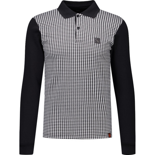Trojan Mens Mod Long Sleeve Houndstooth Panel Polo Shirt in Black