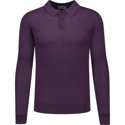 John Smedley Mens Hodson Extra Fine Merino Wool Cable Rib Long Sleeve Polo Top in Velvet Plum