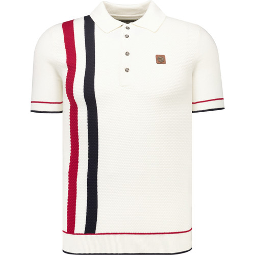 Trojan Mens Retro Racing Stripe Popcorn Knit Polo Shirt in Cream