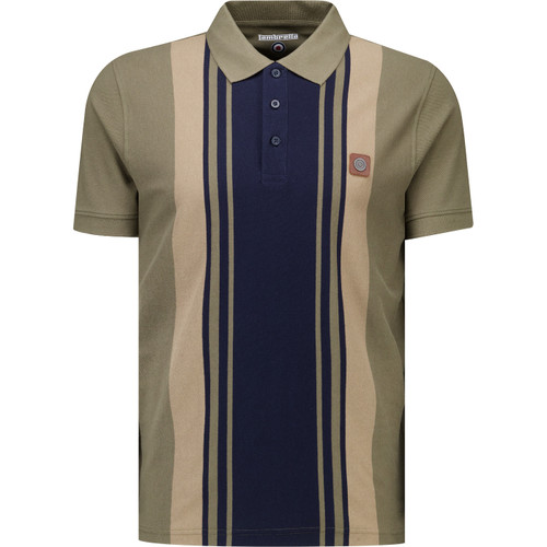 Lambretta Mens Yarn Dyed Stripe Classic Polo T-Shirt in Khaki Lead Grey and Dark Sapphire