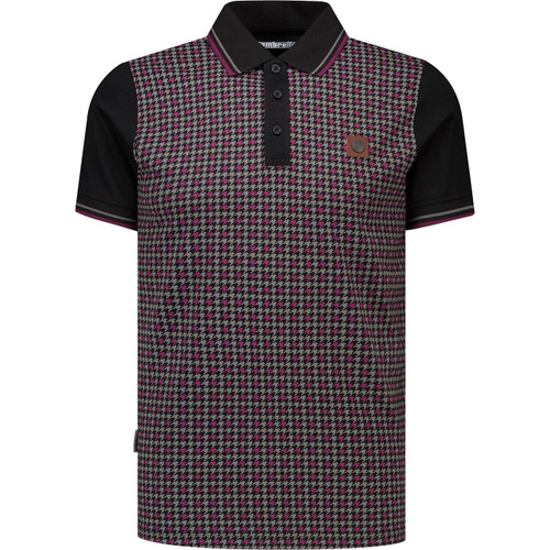 Lambretta Mens Twin Tipped Houndstooth Polo T-Shirt in Black and Burgundy
