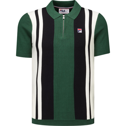 Fila Vintage Mens Lazar Knitted Colourblock Zip Polo Tshirt in Pine Needle Black and Gardenia