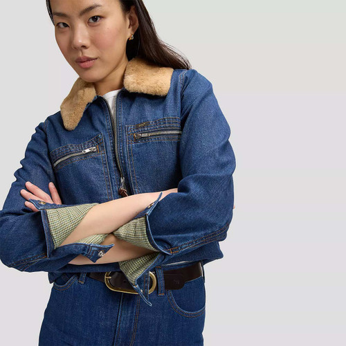 Lee Jeans Women's Sherpa Collar Zip Front Denim Jacket Laugh Riot - Model Main View