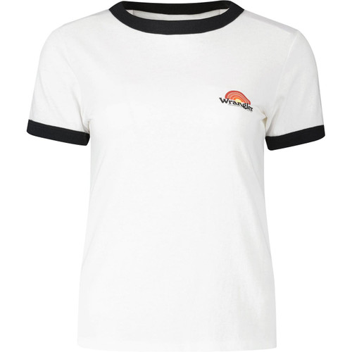 wrangler womens small rainbow logo print contrast ringer neck tshirt white