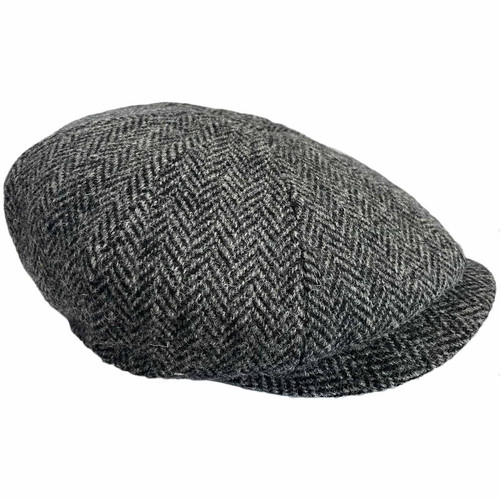 Failsworth Carloway Harris Tweed Retro Herringbone Bakerboy Hat in Black/Grey