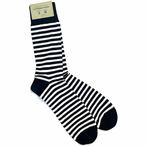 John Smedley Berwick Ribbed Stripe Retro Made in Wales Cotton Blend Socks in Navy and White