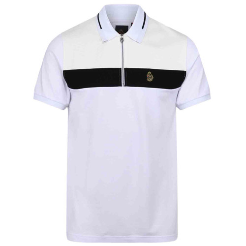 Luke Sport Zip Lock Retro Texture Panel Polo Shirt in White/Black M711450
