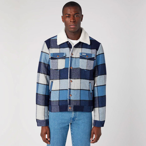 Wrangler Wool Check Sherpa Trucker Jacket in Captains Blue 112341091