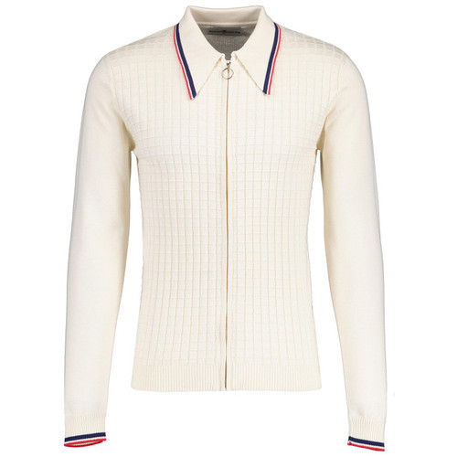 Madcap England Apollo Mod Big Collar Ring Zip Grid Check knitted Polo Cardigan in Snow White MC1069 Madcap England Apollo Mod Big Collar Ring Zip Grid Check knitted Polo Cardigan in Snow White MC1069