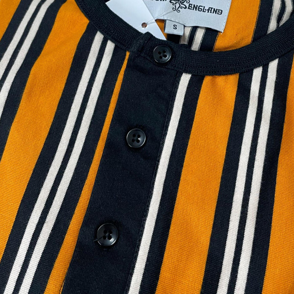Madcap England Squire Retro Mod Multi Stripe Grandad Tee in Dark Cheddar