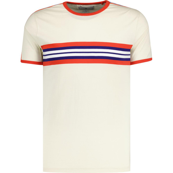 Madcap England Cassette Men's Retro Chest Stripe Taped Sleeve T-shirt in White Asparagus