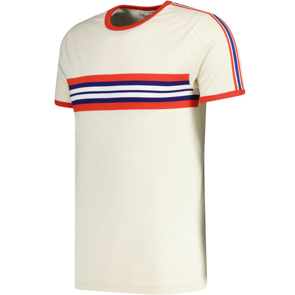 Madcap England Cassette Men's Retro Chest Stripe Taped Sleeve T-shirt in White Asparagus