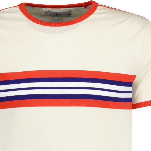 Madcap England Cassette Men's Retro Chest Stripe Taped Sleeve T-shirt in White Asparagus