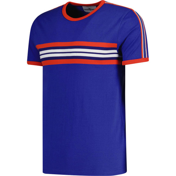 Madcap England Cassette Men's Retro Chest Stripe Taped Sleeve T-shirt in Sodalite Blue